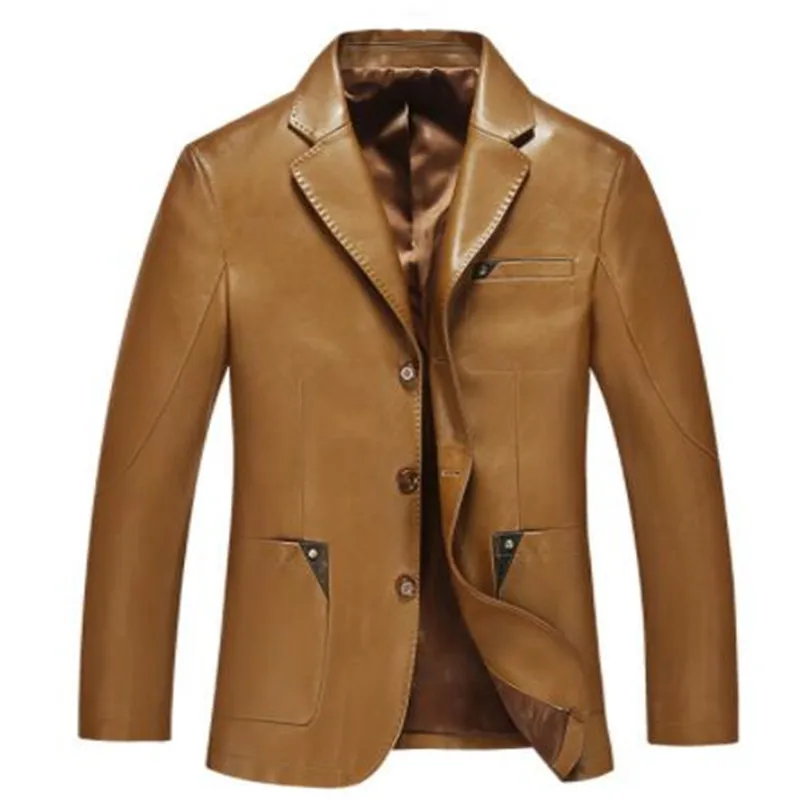 

Men leather suit 2019 spring and autumn blazer male sheepskin suit tops genuine split leather slim jacket black brown coat