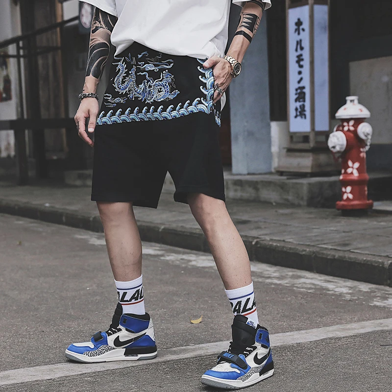 Китайский дракон, вышивка шорты Уличная мужская повседневная шорты хип-хоп шорты для бега свободные Харадзюку шаровары
