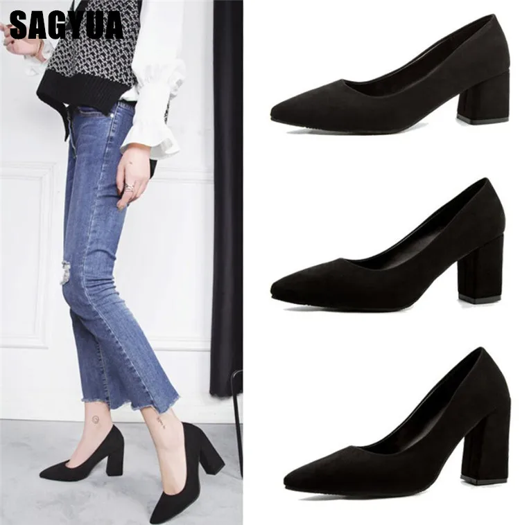 

New Suede women shoes Thick heel high heels ladies Pointed Toe casual shoes Female Square heel office Shallow Slip-On shoes A743