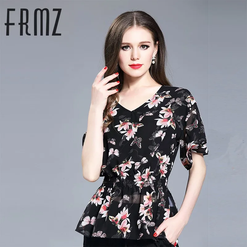 Das Mulheres novas do verão Tops Chiffon Elegante Do Vintage Blusas de impressão Borboleta Fino mostram finas Camisas Casuais de manga Curta Preta XL 37047