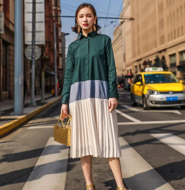 

Women Summer Dress Loose Shirt Dresses 3 colors parchwork pleated Casual Dress Vestidos