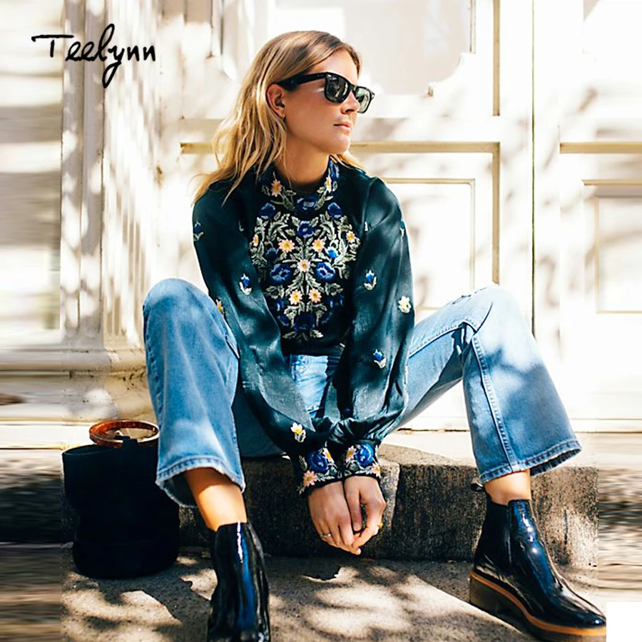 TEELYNN BOHO Women's Blouses 2018 floral embroidered lantern long sleeve satin blouse Casual Dark green Blouse short femme top