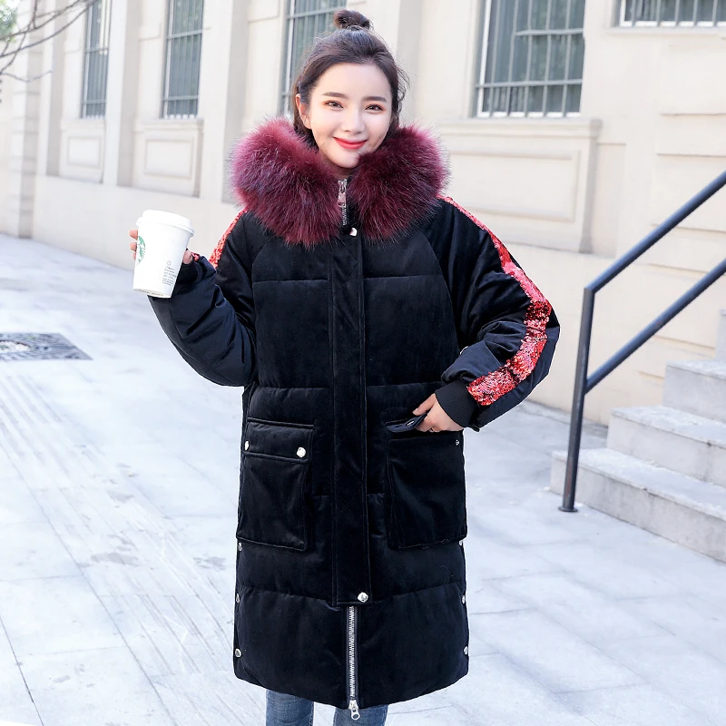 

High Quality 2019 Women Winter Jacket Warm Thicken Female Coat Long Hooded With Faux Fur Ladies Parka Velvet Fabric