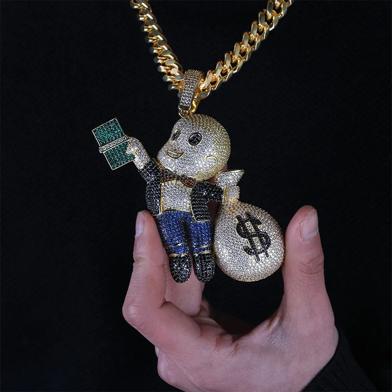 

Hip Hop AAA CZ Gold Dollar Gangster Kid Little Rich Rhinestone Iced Out Pendants Statement Necklaces Men Luxury Street Jewelry