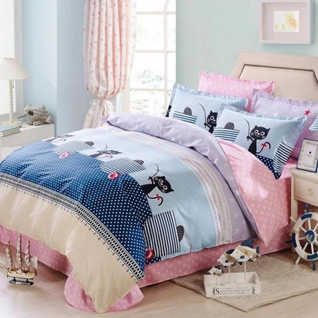 

100%Cotton cute black cats buttons zippers white dots deep blue duvet cover sets Queen size bedding sets linens bedspread shams