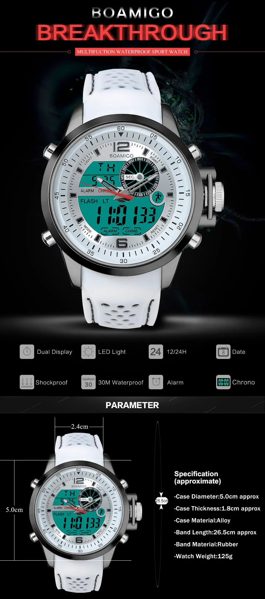 BOAMIGO Brand Dual Time Men's Digital Watch White Analog Men Multifunction Sports Watches Rubber Quartz Waterprooof Wristwatch  (17)