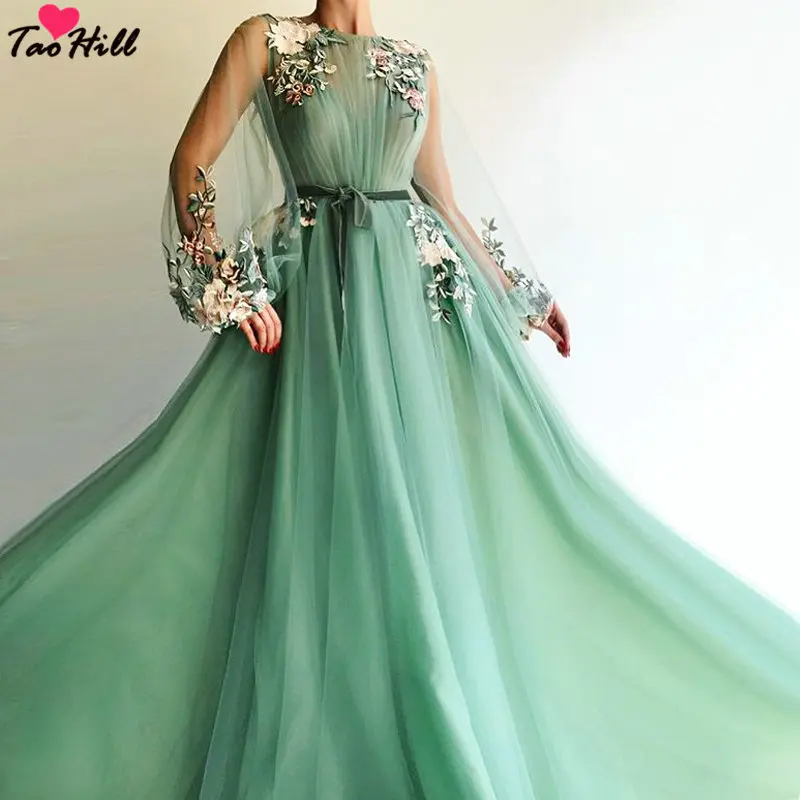 

TaoHill Evening Dresses for Women A-line Long Sleeves Green Dress Party Gown Applique with Sash