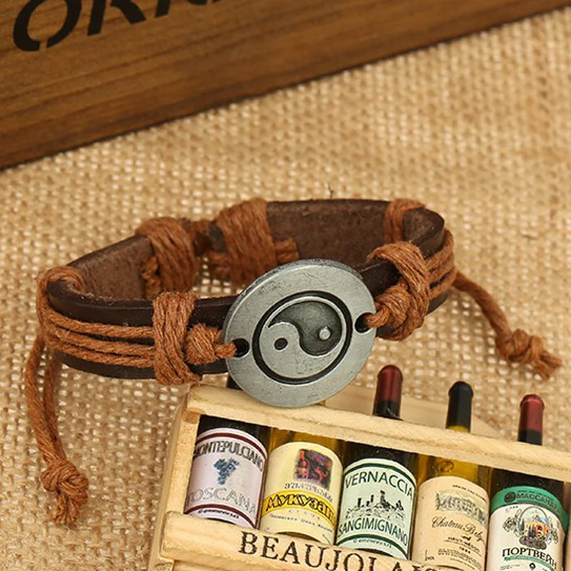 Charms Unisex Leather Bracelet Shellhard Punk Handmade Braided Wristband Yin Yang Bracelets & Bangles For Women Men Jewellery