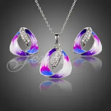 Jenia White Gold Color Rhinestone Oil Painting Pattern Triangle Stud Earrings and Necklace Jewelry Set XS094