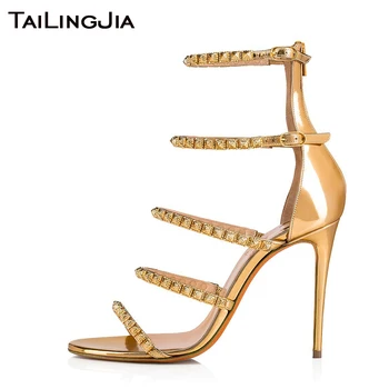 

Shiny Brand Rome Woman Shoes High Heel Ladies Sexy Gold Summer Buckle Women Craystal Gladiator Summer Shoes Hot Free Shipping