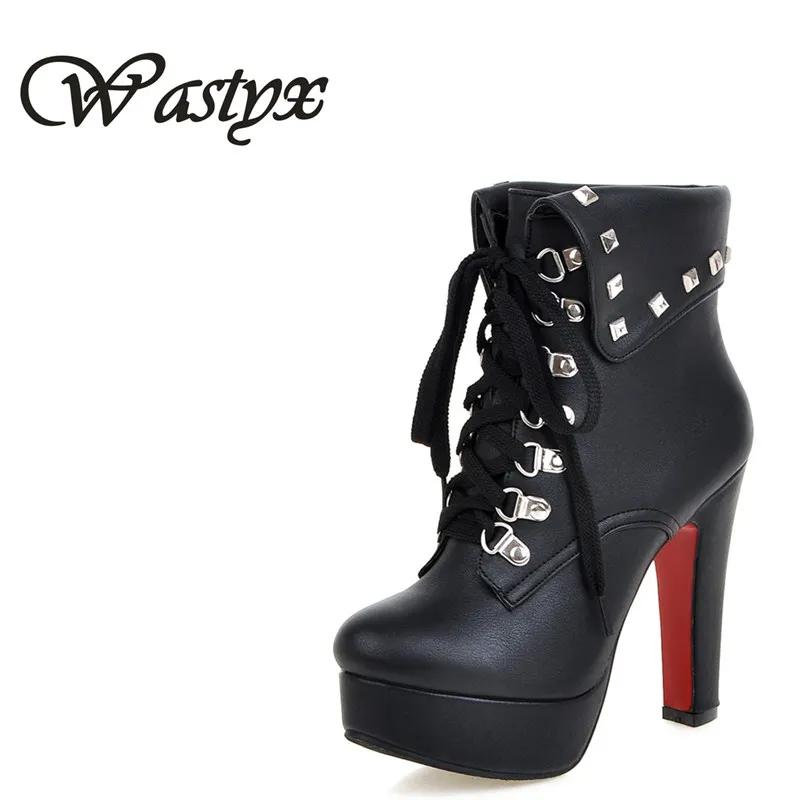 Wastyx 2017 New Women Black Ankle Boots Motorcycle Thin High Heel Double Buckle Gothic Punk Platforms Botas Mujer Free Shipping