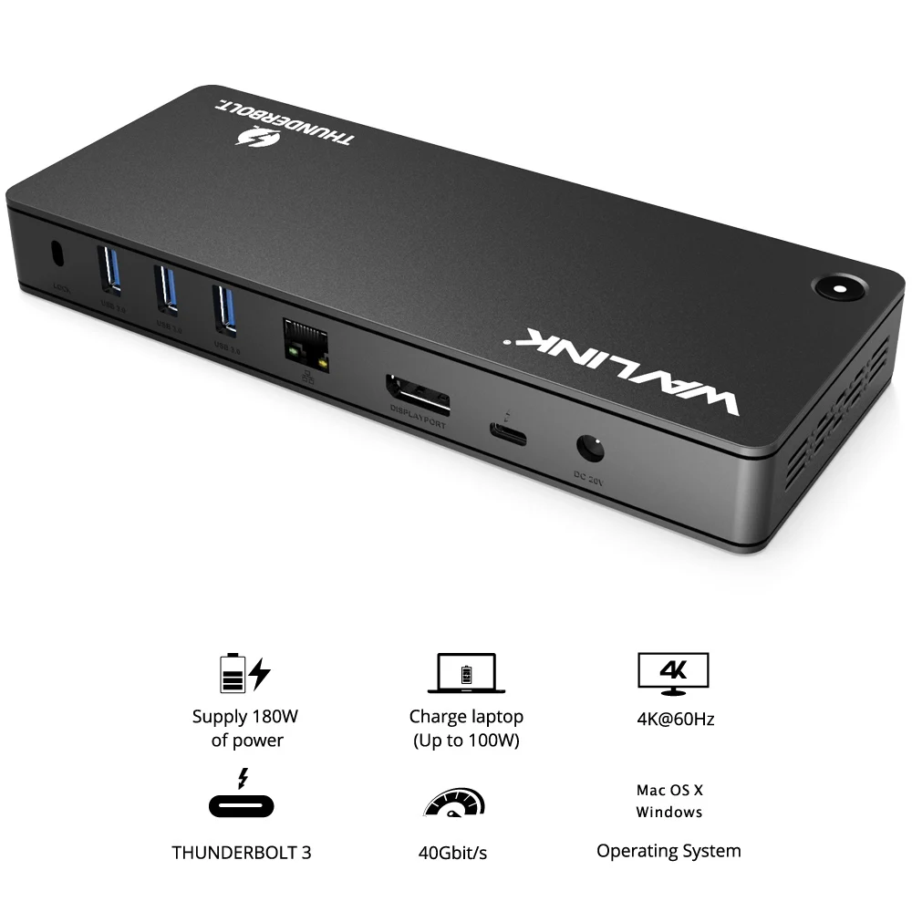 Wavlink Thunderbolt 3 док-станция 4 k@ 60Hz DisplayPort USB 3,0 85W для зарядки Gigabit Ethernet для MacBook pro сертифицировано Intel