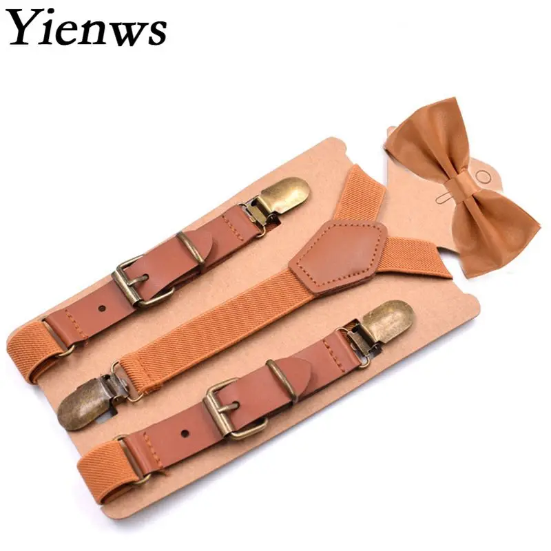

Yienws Bow Tie Suspenders for Boys Brown Vintage Bowtie Braces for Children Baby Kids Suspenders 75cm YiA056