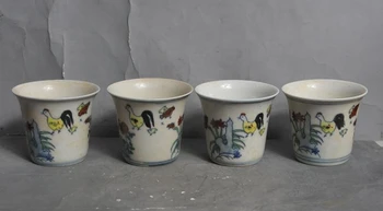 

marked china wucai Porcelain animal chicken rooster flowers statue bowl cup set