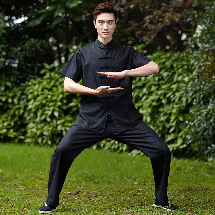 Китайский традиционный мужской однотонный лен с короткими рукавами Shadowboxing кунг-фу куртка костюмы наборы WNS201506