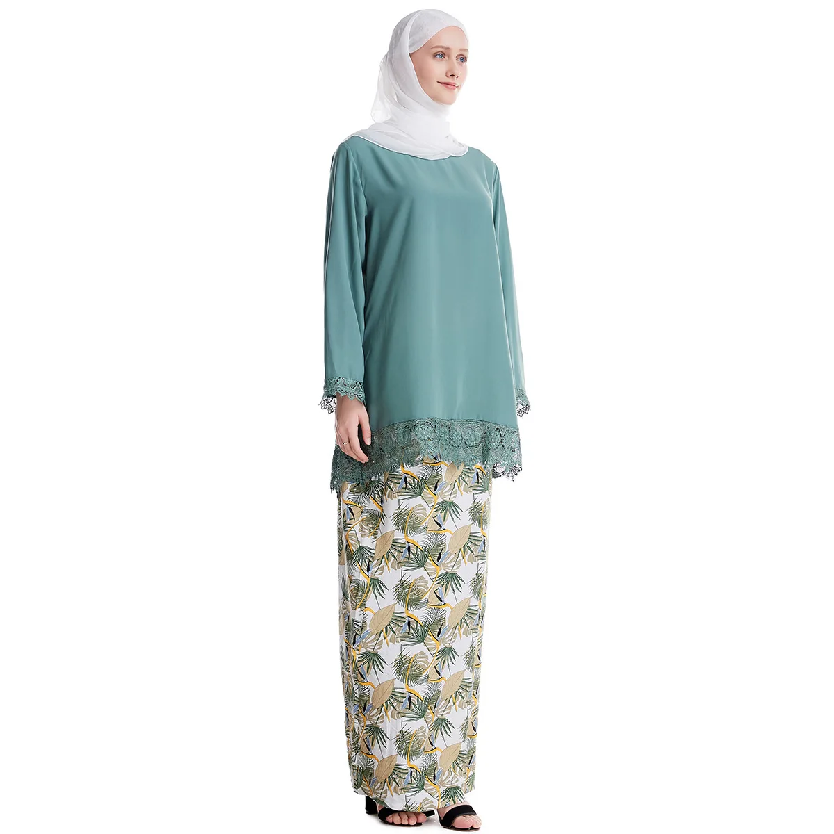 Мусульманская женская юбка средней длины мусульманская леди Тобе с длинными рукавами костюм из двух предметов Черный Синий Зеленый Хлопок