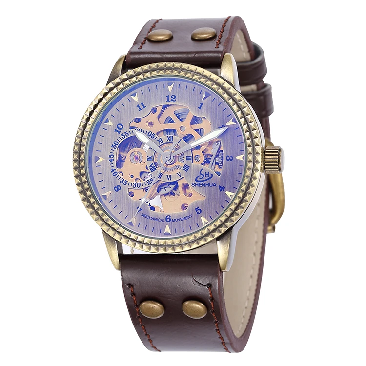 SHENHUA Bronze Retro Leather Band Horloges Mens Watches Top Brand Luxury Automatic Mechanical Skeleton Watch Relojes Male retro bronze bezel skeleton steampunk automatic watches mens sports clock luxury top brand vintage leather mechanical wristwatch
