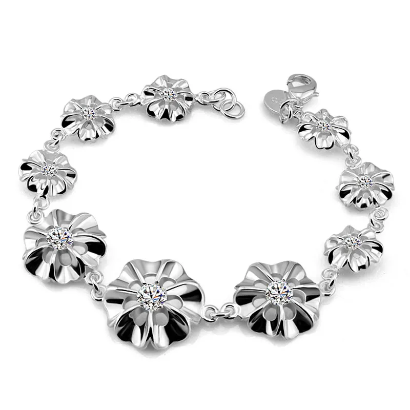 

Fashion elegant sterling silver woman bracelet. Solid 925 silver beautiful flower bracelet. Noble lady silver jewelry gift