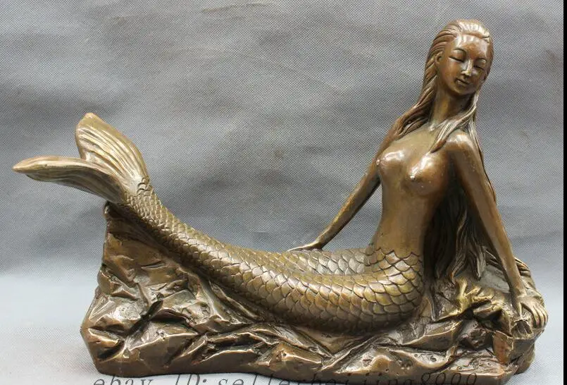 

wan67104021+++14" Chinese Bronze Copper Belle Mermaid Marine's Sea-maid Goddess Fish Statue