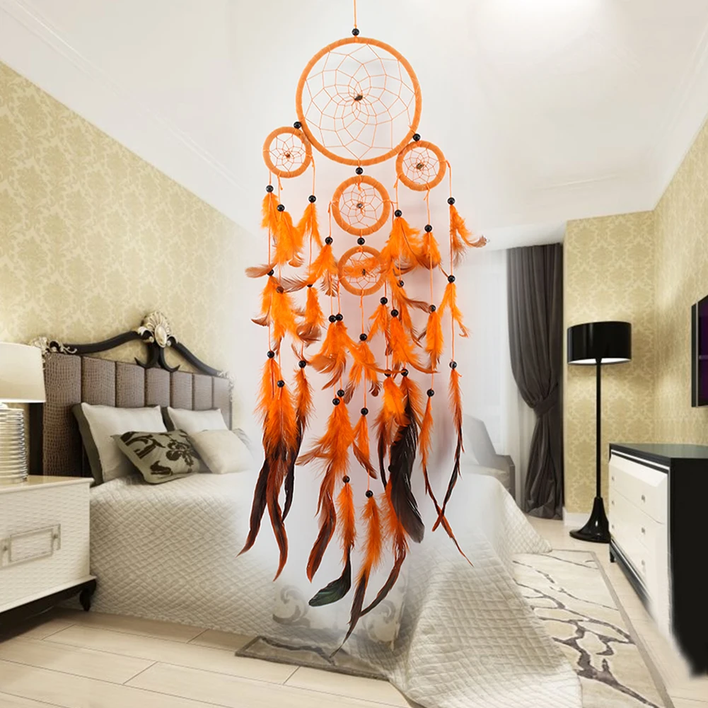 Ручной работы пять колец оранжевый Индийский стиль Ловец снов настенный висящий мечтатель домашнее украшение автомобиля с орнаментами Подарочные ручной работы