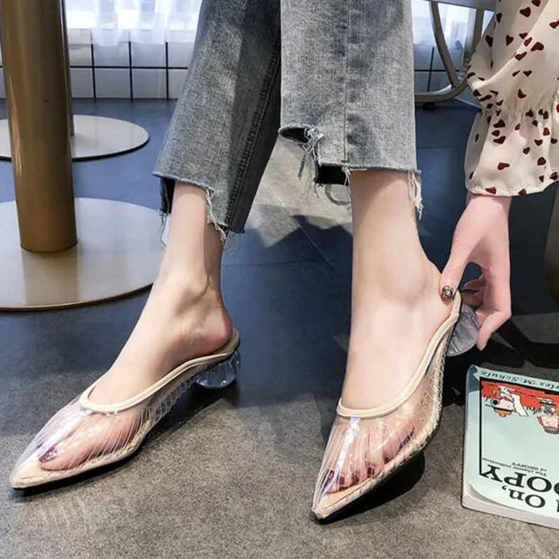 

Sexy Women Shallow Mouth Pointed Toe Transparent Synthetic Design Slipper Shoes,Low Square Heels Summer Non-slip Heels Slippers
