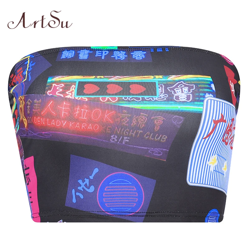 

ArtSu Chinese Style Print Strapless Tube Top Women Sexy Backless 2019 Summer Off Shoulder Bralette Crop Top Streetwear ASVE20583
