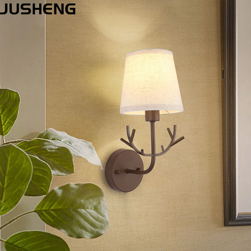 JUSHENG Modern Brown Wall lamp with plug in cord, E14 sorcket bedroom bedside lamp with fabric shade
