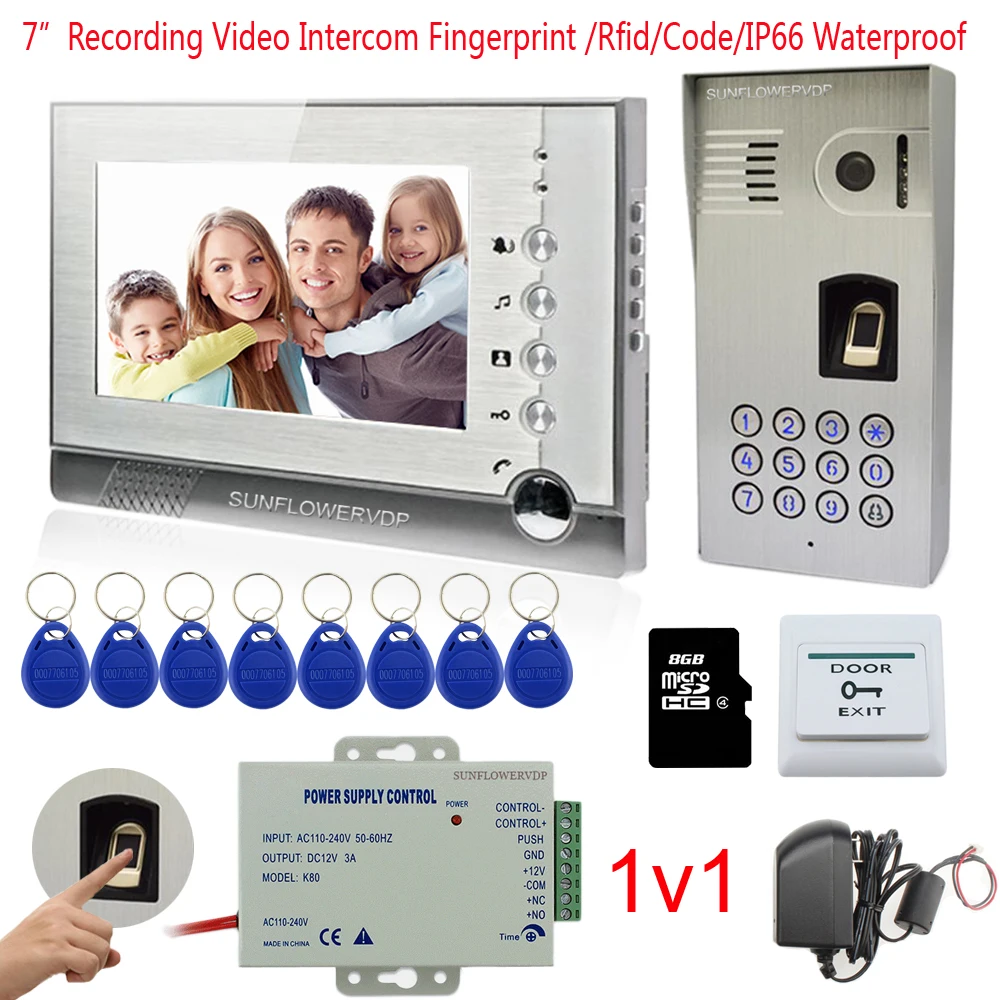 

IP66 Security Intercom Entry System Fingerprint Keypad Video Intercom For The Apartment Rfid + 7" Color Video Recording Monitor