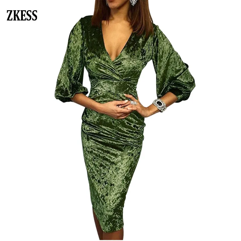 Green-Glistening-V-Neck-Velvet-Midi-Dress-LC611048-9-1