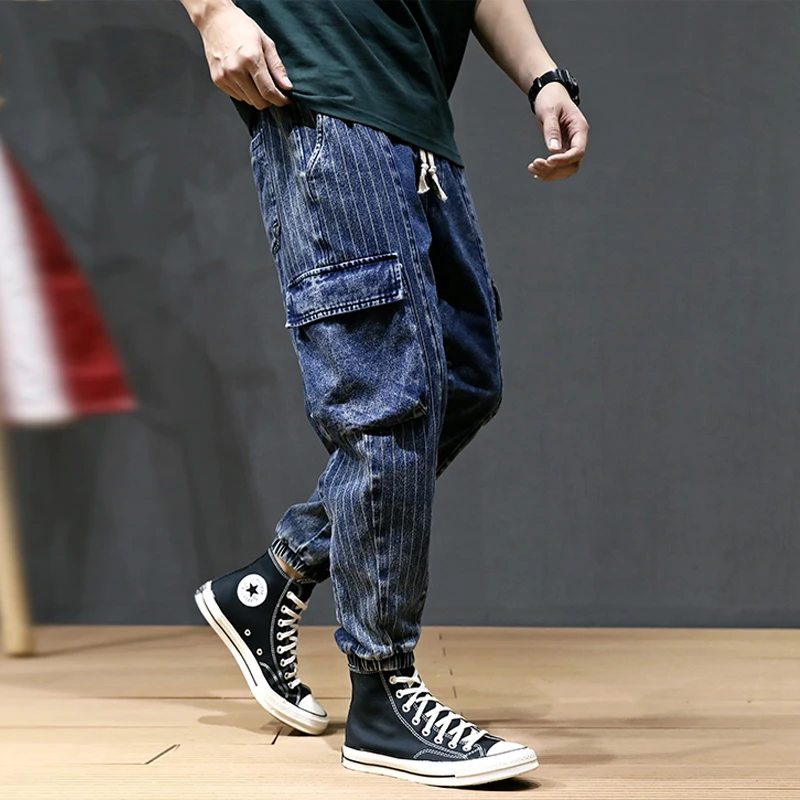 Japanese Style Vintage Men Jeans Loose Big Pocket Cargo Pants Fashion Streetwear Hip Hop Slack Bottom Stripe Joggers Jeans Men