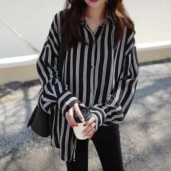 

Long Sleeve Turn-down Collar Oversize Shirt Women Tops Casual Striped Shirt Blouse Women White Tops Streetwear For Girls