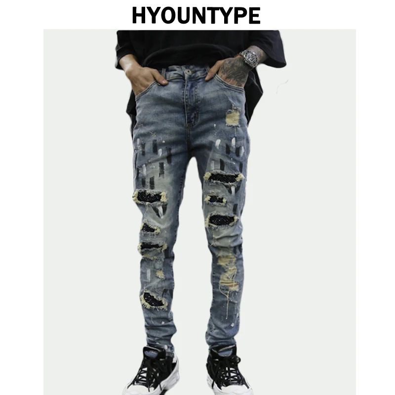 

Graffiti Printed Ripped Destroied Denim Jean Mens Distressed Biker Jeans with Sequins 2018 Fashion High-street Slim Pants Jogger