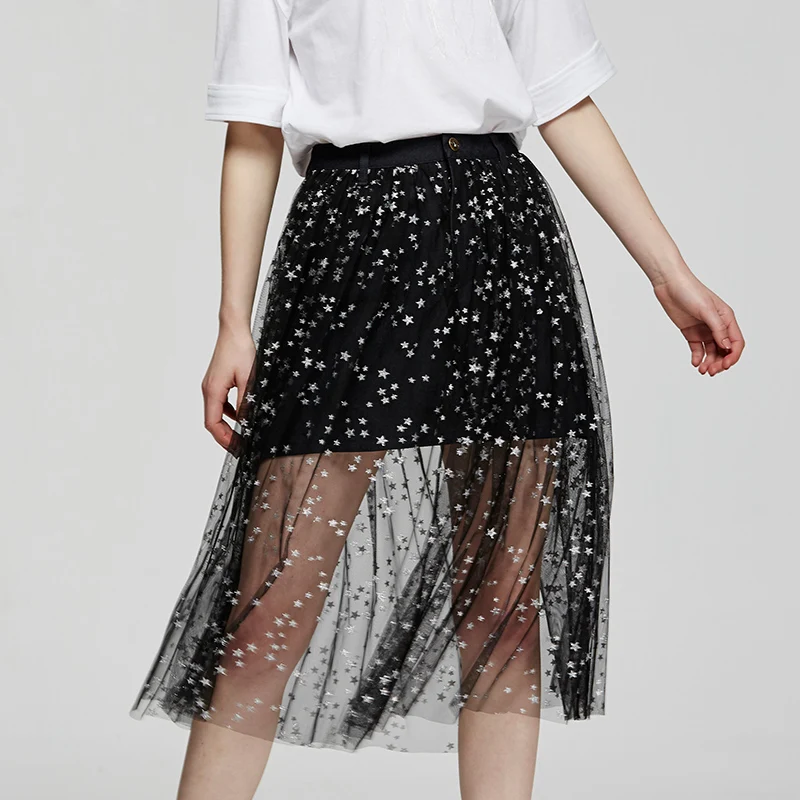 Women Skirts Mesh Splicing Dot Long Skirt Tulle Skirt Perspective Sexy Shorts Skirts Gothic Star Black