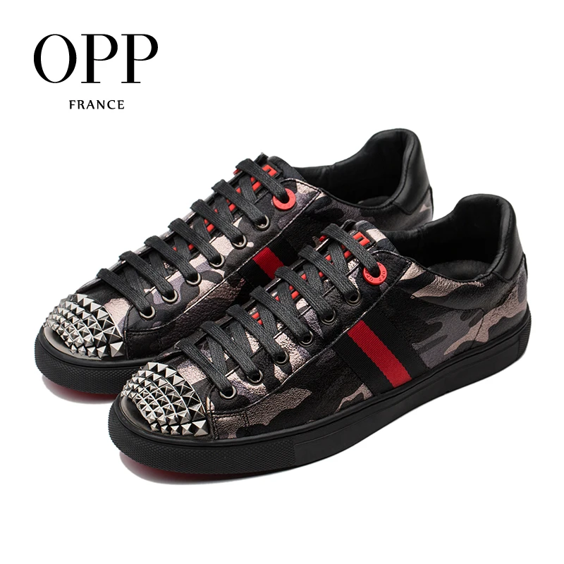 

OPP Men's Shoes Hip Hop Metal Rivet Lace-up Shoes Leather Fashion Military Shoes Men's Leisure Punk Camouflage Shoes