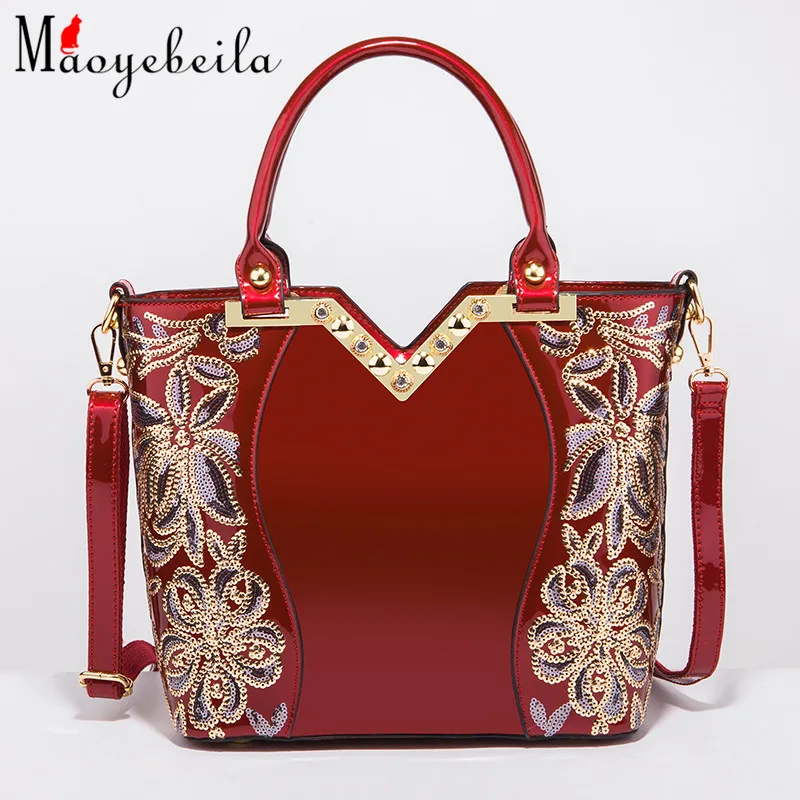 

New Fashion Embroidery Bright Leather Women'S Bag Cross-Body Bag Portable Bag For Women Patent Leather Single-Shoulder Bag
