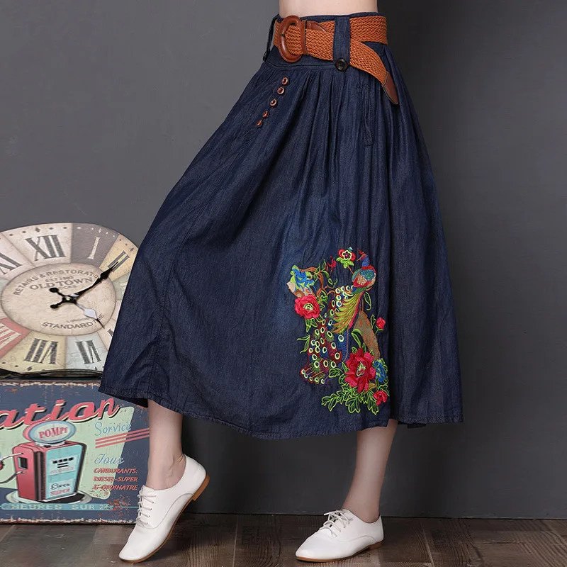 Vintage Denim Skirt Women Ethnic Embroidery Peacock Flowers Chinese