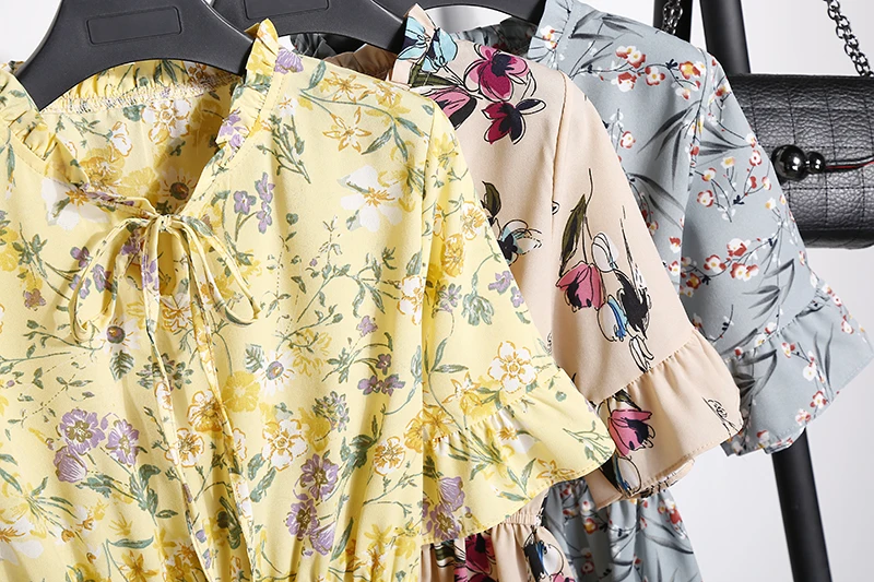 2018送料無料新ファッション花柄シフォンサマードレス甘い薄いスリム女性のワークウェアプリントドレスカジュアルかわいいホット