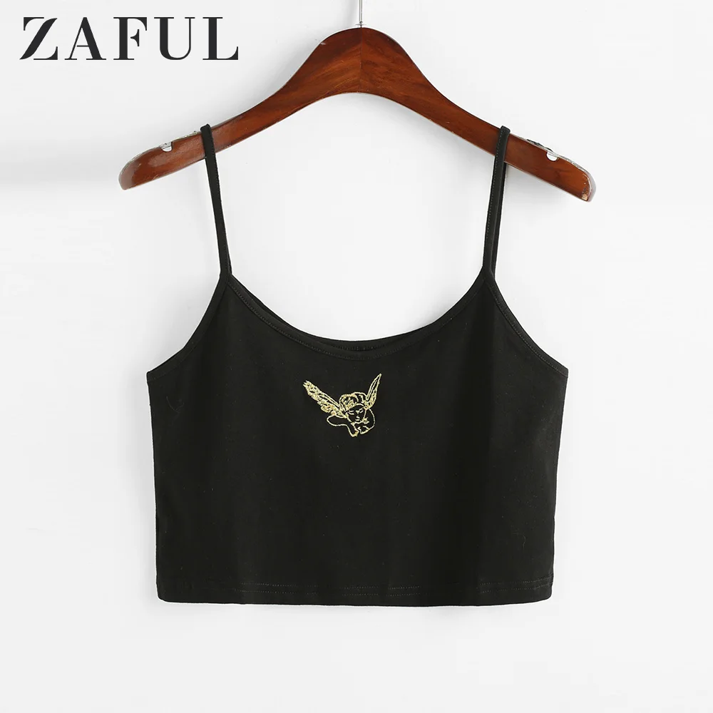 

ZAFUL Camis Angel Embroidered Patch Crop Top Sexy Spaghetti Strap Short Shirt Streetwear Modis Sexy Women Summer Tops Underwear