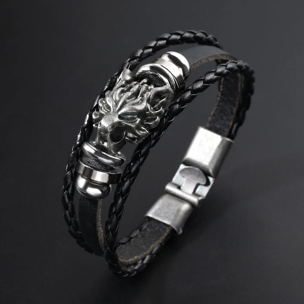 

2019 fashion jewelry vintage Silver Animal Dragon black leather Bracelet for women Punk handwork weave cuff Multilayer Bracelet