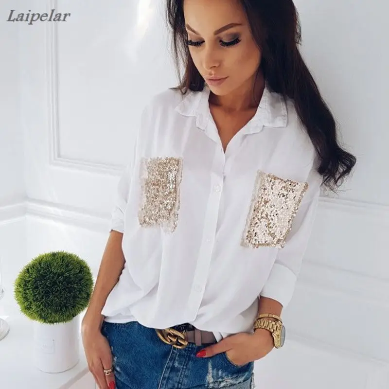 

Fashion Women shirt Casual Long Sleeve Chiffon chest sequined pocket long sleeve Blouses Loose female Tops Blouse Laipelar