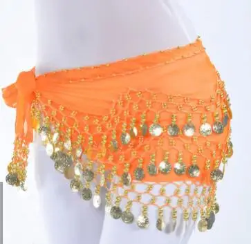 1 piece 3 Rows 128 Gold Coins Belly Dance Costume Hip Scarf Skirt Belt Wrap Waist New Brand orange