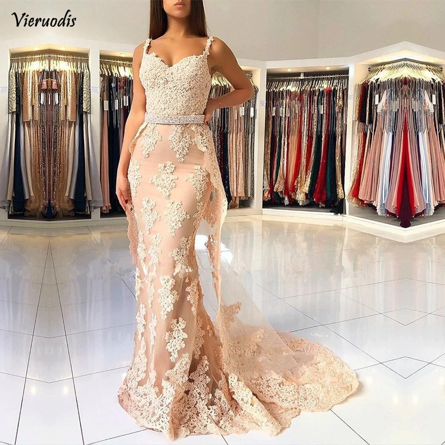 

Champagne 2019 Prom Dresses Mermaid Sweetheart Beaded Lace Appliques Tulle Long Prom Gown Evening Dresses Robe De Soiree