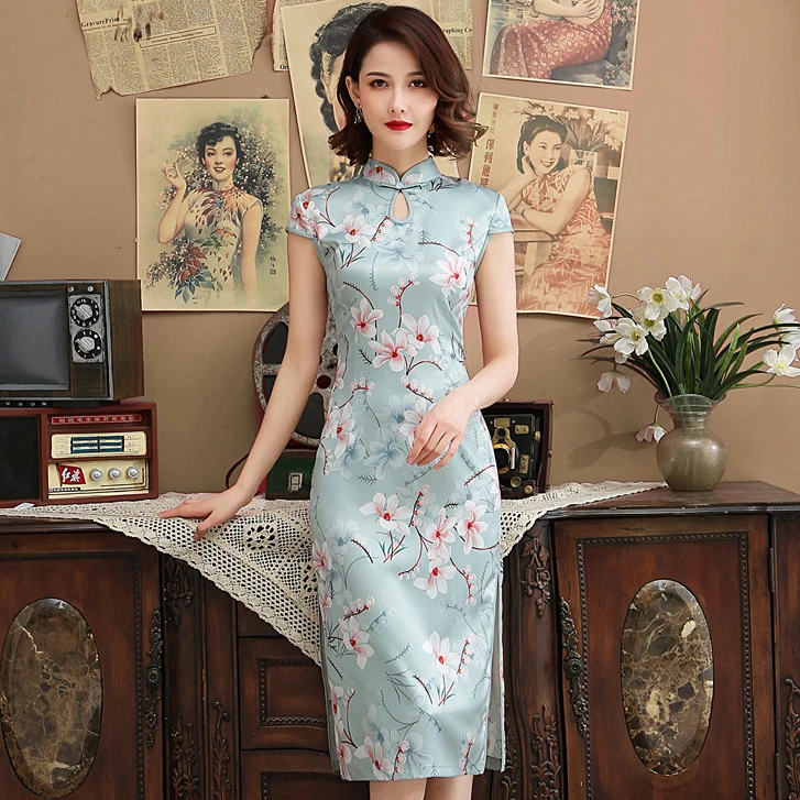 

Mandarin Collar Qipao Light Blue Lady Chinese Dress Sexy Vintage Casul Cheongsam Satin Plus Size 3XL Print Flower Vestidos