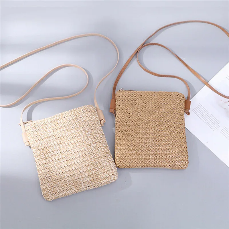 Women Crossbody Bag Straw Summer Beach Bag Messenger Shoulder Bag Small Square Handbag