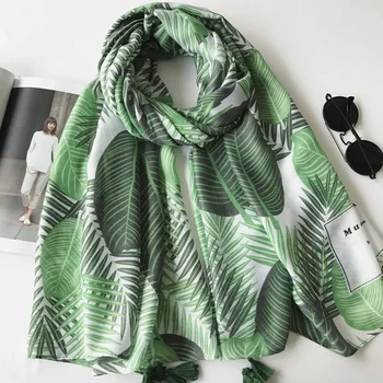 

2018 Women High Quality Green Leaves Tassel Viscose Shawl Scarf Ladies Autumn Winter Wrap Pashmina Stole Bufandas Muslim Hijabs