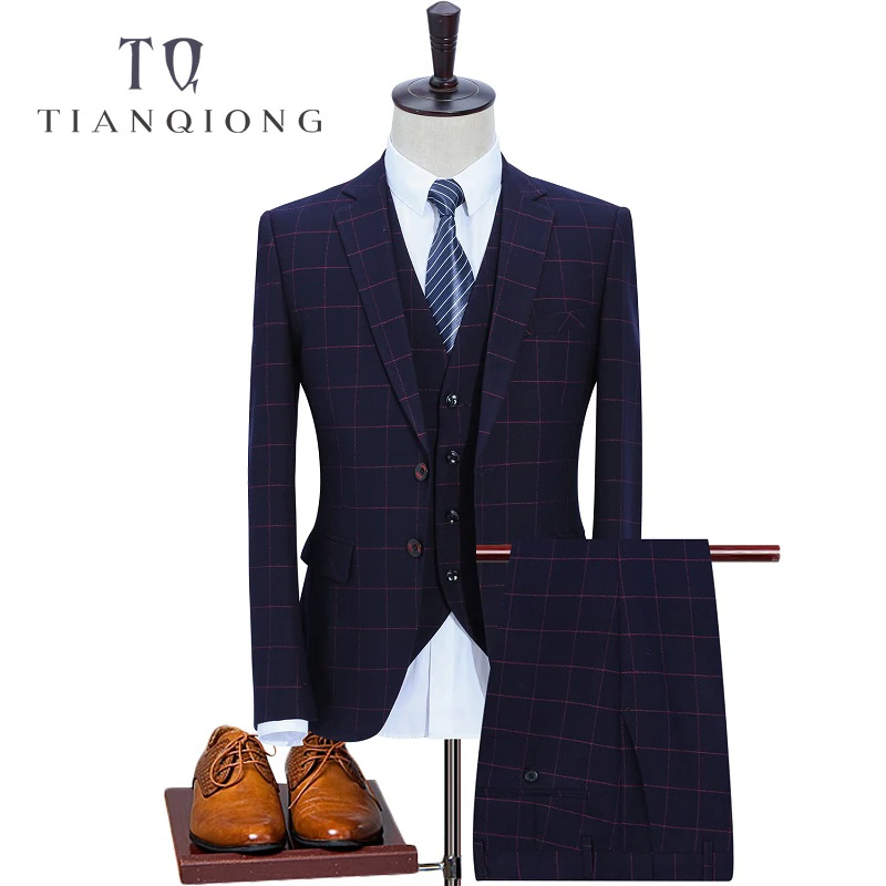

TIAN QION(Jacket+Pants+vest)Mens Prom Classic Plaid Suits Latest Coat Pant Designs Wedding Suits For Men Purple Slim Male Suits