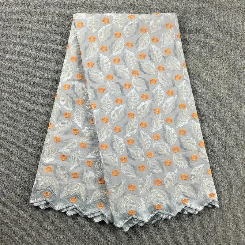 

Nigerian fabrics latest lace Hot sale african swiss voile lace in switzerland 2019 Ash Gray Orange cotton lace for wedding 068