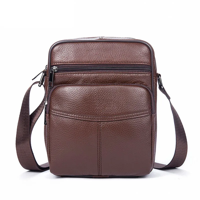 Pure Genuine Leather Men's Bags Litchi Pattern Pure Men Shoulder Bags Cow Leather Casual Soft Surface Zipper Men Crossbody bags