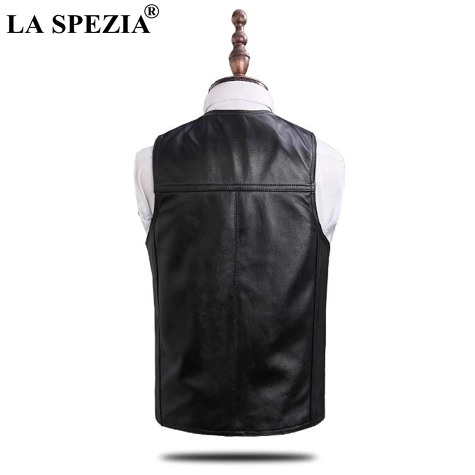 LA SPEZIA Leather Vest Men Black Formal Waistcoat Male Real Leather Slim Fit Pocket Vintage Autumn Brand Sleeveless Jacket 2019