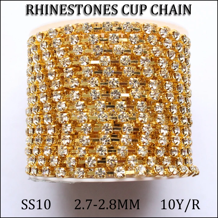 rhinestone cup chain 10yards/lot ss10 2.8mm single thin golden base claw clear crystal trim rhinestones for clothes | Дом и сад